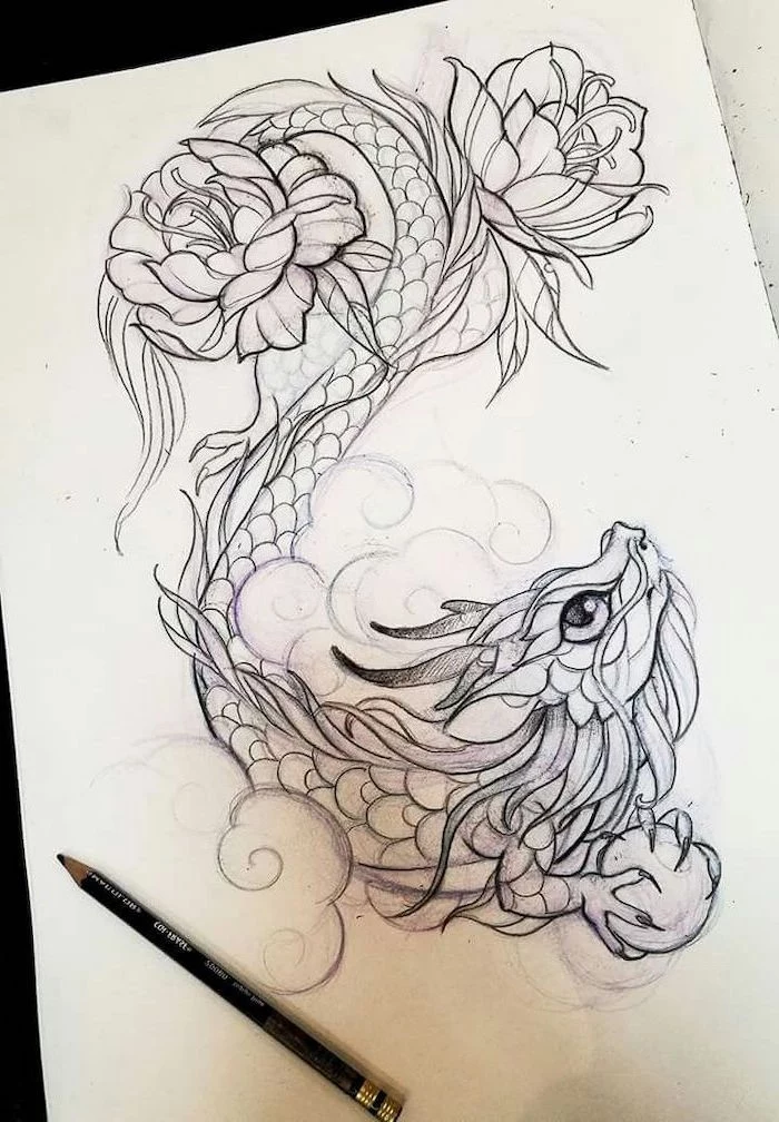 baby dragon with peony flowers, black and white pencil sketch, small dragon tattoos, white background