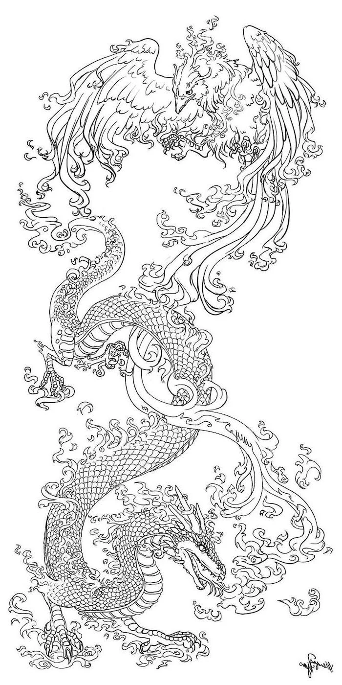 dragon fighting a phoenix, small dragon tattoos, black and white pencil sketch, white background