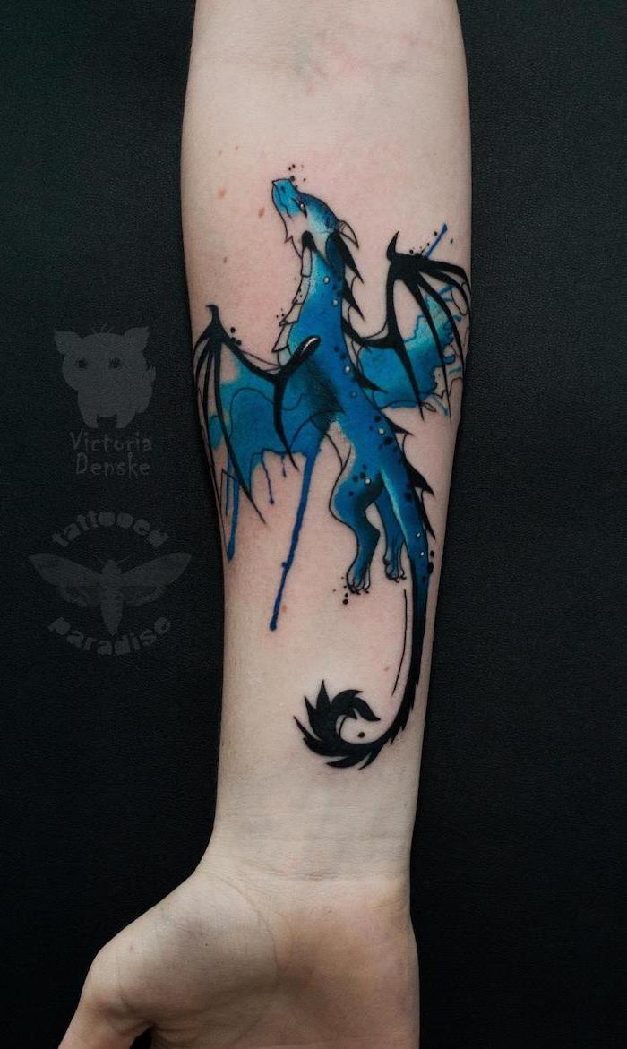 blue watercolor dragon flying, forearm tattoo, chinese dragon tattoo, black background