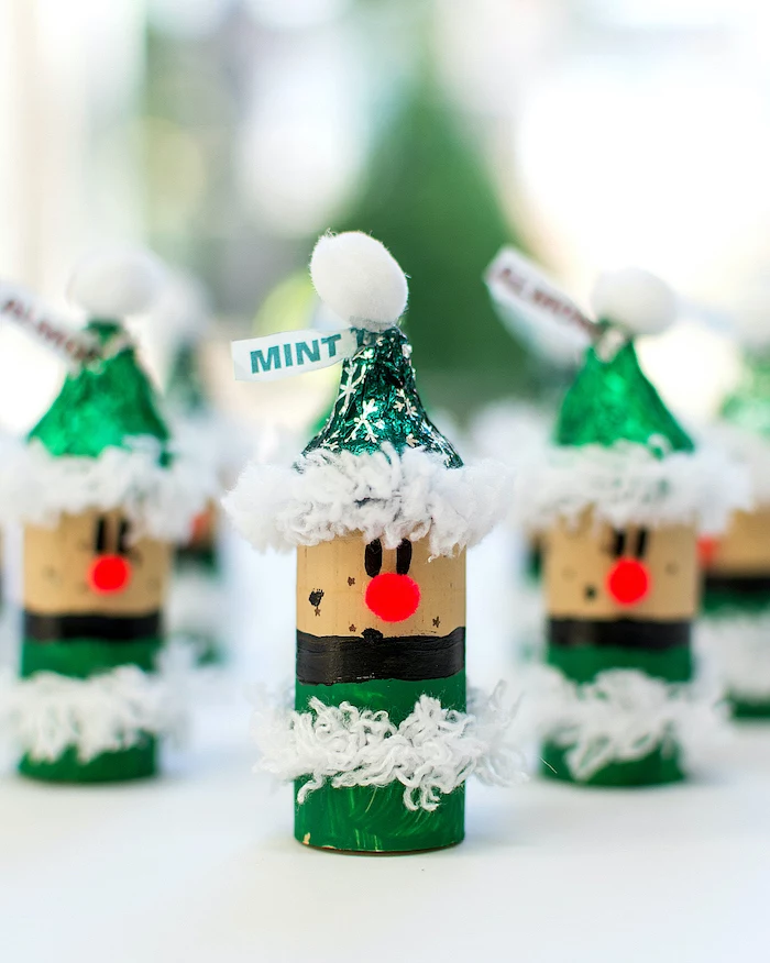 elved made of wine corks, mint hershey's kisses for hats, christmas activities for preschoolers, white pompoms on top