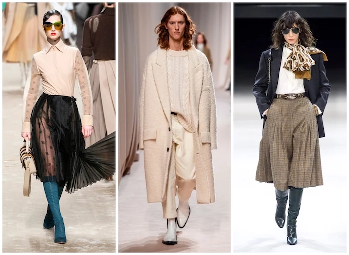 fall winter 2019 2020 trends, side by side photos of three different outfits, worn by models walking down the runway