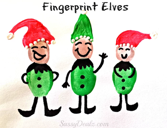 fingerprint elves made with red and green paint, black marker, christmas activities for preschoolers