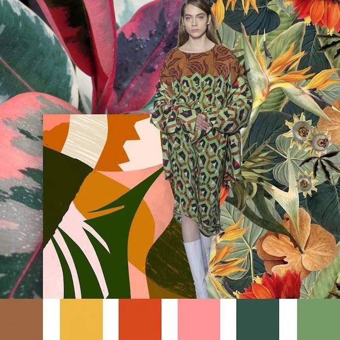 model wearing a printed dress in green and brown, white leather boots, new fashion trends, colorful floral background