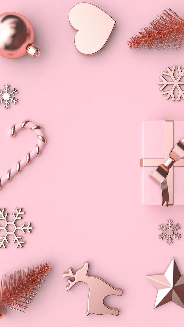 pink aesthetic, free wallpapers and backgrounds, rose gold baubles stars and snowflakes, present wrapped in pink