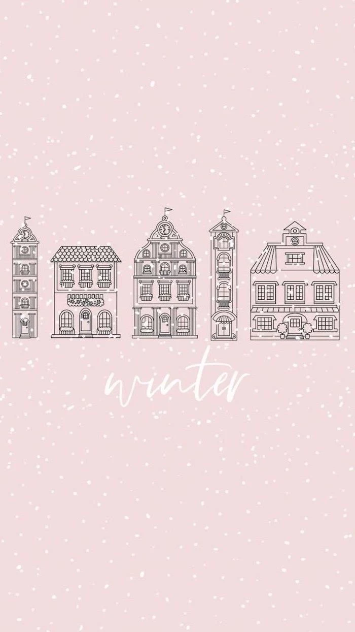 pink background with white dots, free wallpapers and backgrounds, five different buildings drawn on it, winter written underneath