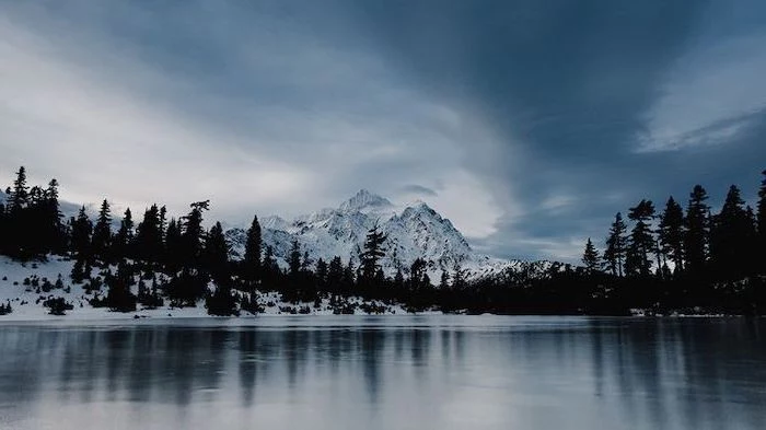 winter desktop backgrounds, mountain landscape, lake surrounded by tall trees, mountain peak covered with snow