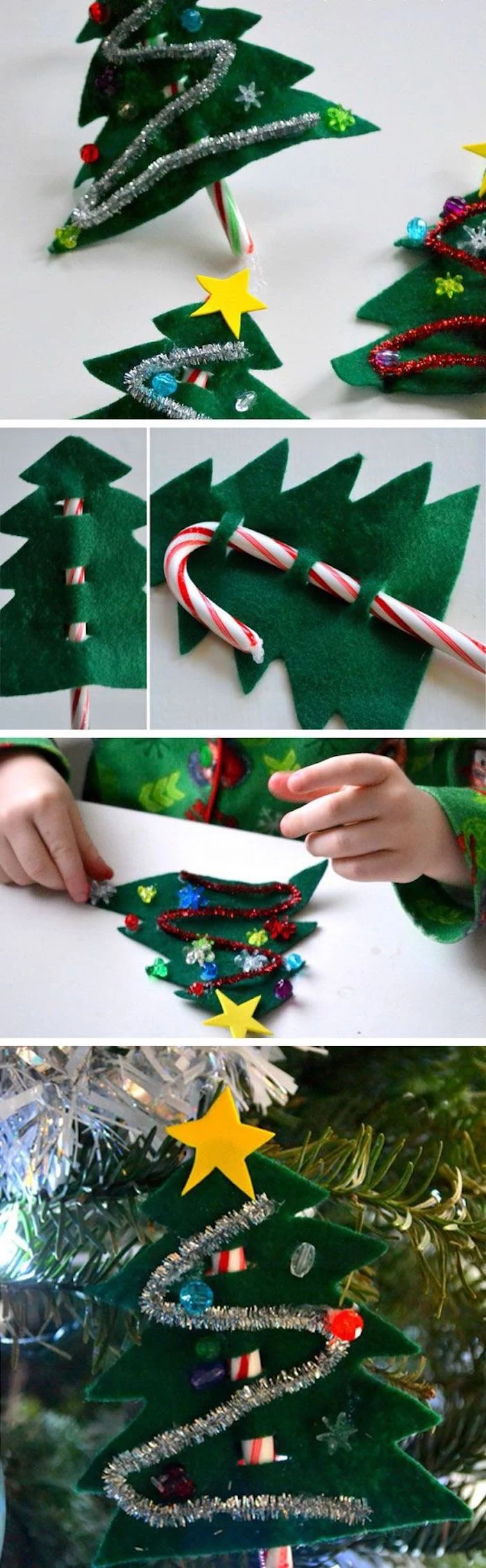 photo collage of step by step diy tutorial, christmas tree made of felt, christmas craft ideas for kids, candy cane on the back