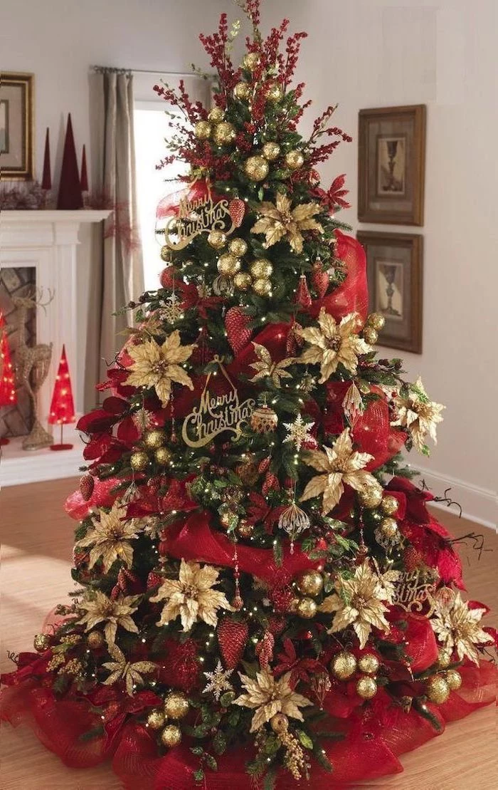 tree decorated with red ribbon, rustic christmas tree, gold faux flowers, merry christmas signs, placed on red ribbons