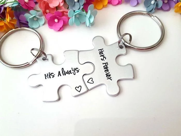his always hers forever, matching metal jig saw puzzle keychains, placed on white surface, christmas gift ideas for boyfriend