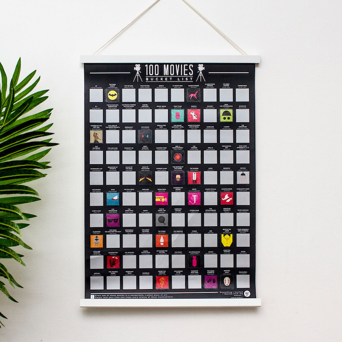 hundred movies bucket list, christmas gift ideas for boyfriend, scratch off poster, mounted on white wall