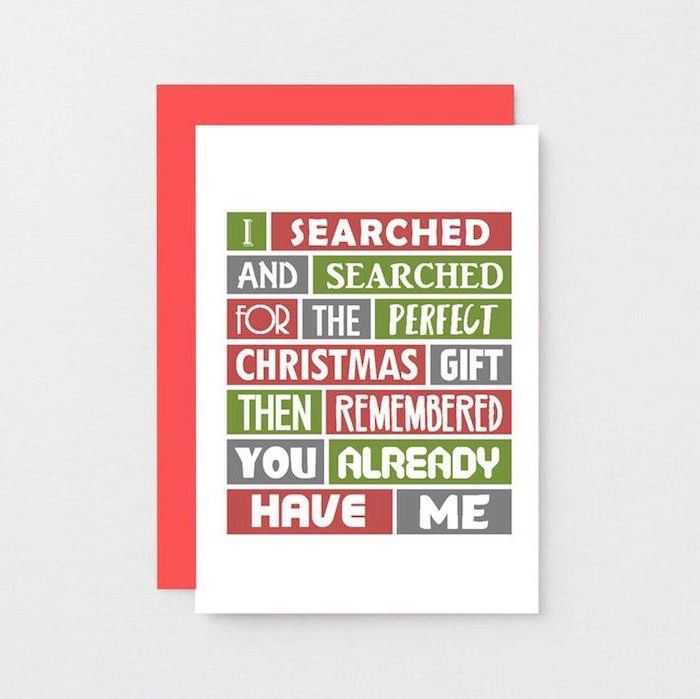 i searched and searched for the perfect gift christmas card, unique gifts for men, red envelope, placed on white surface