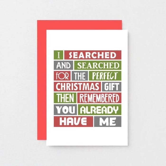 i searched and searched for the perfect gift christmas card, unique gifts for men, red envelope, placed on white surface