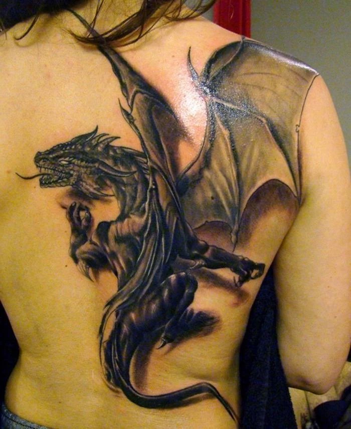 large back tattoo, drogon from game of thrones, dragon sleeve tattoo, woman with black hair