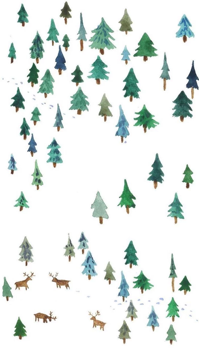 lots of small trees and deer, painted on white background, screen saver wallpaper, green blue and brown colors