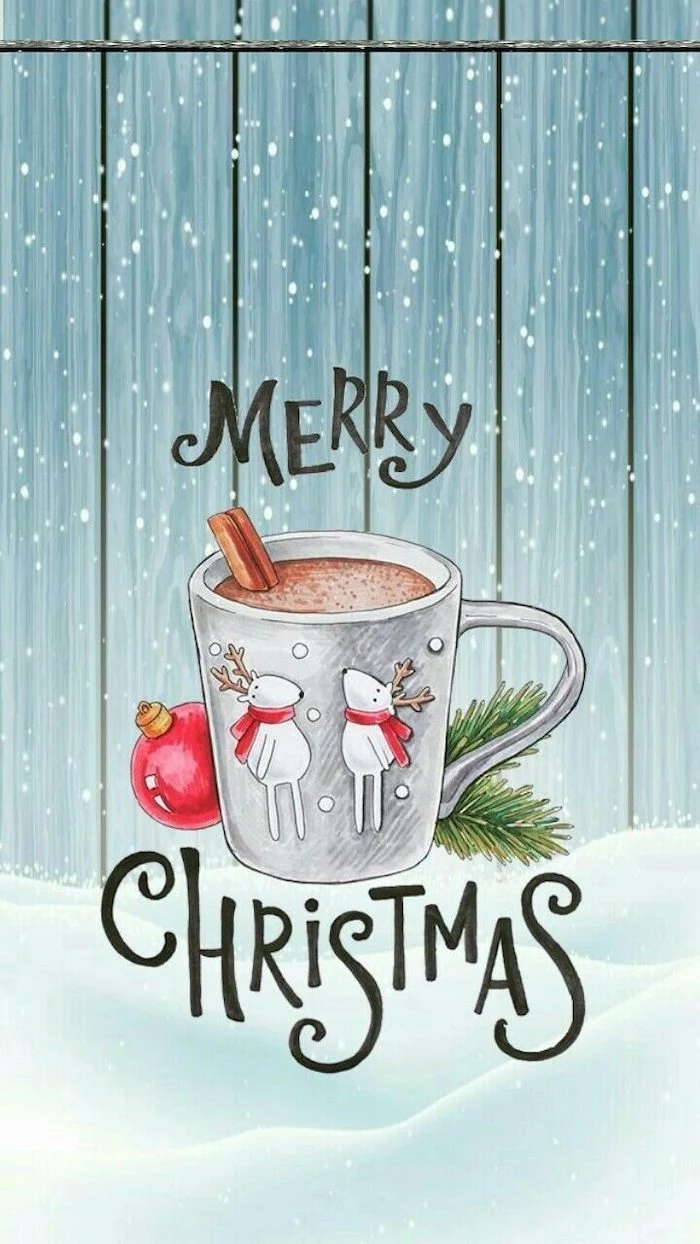 merry christmas, written over a coffee mug, free desktop backgrounds, painting of snow falling, coffee mug with two reindeer