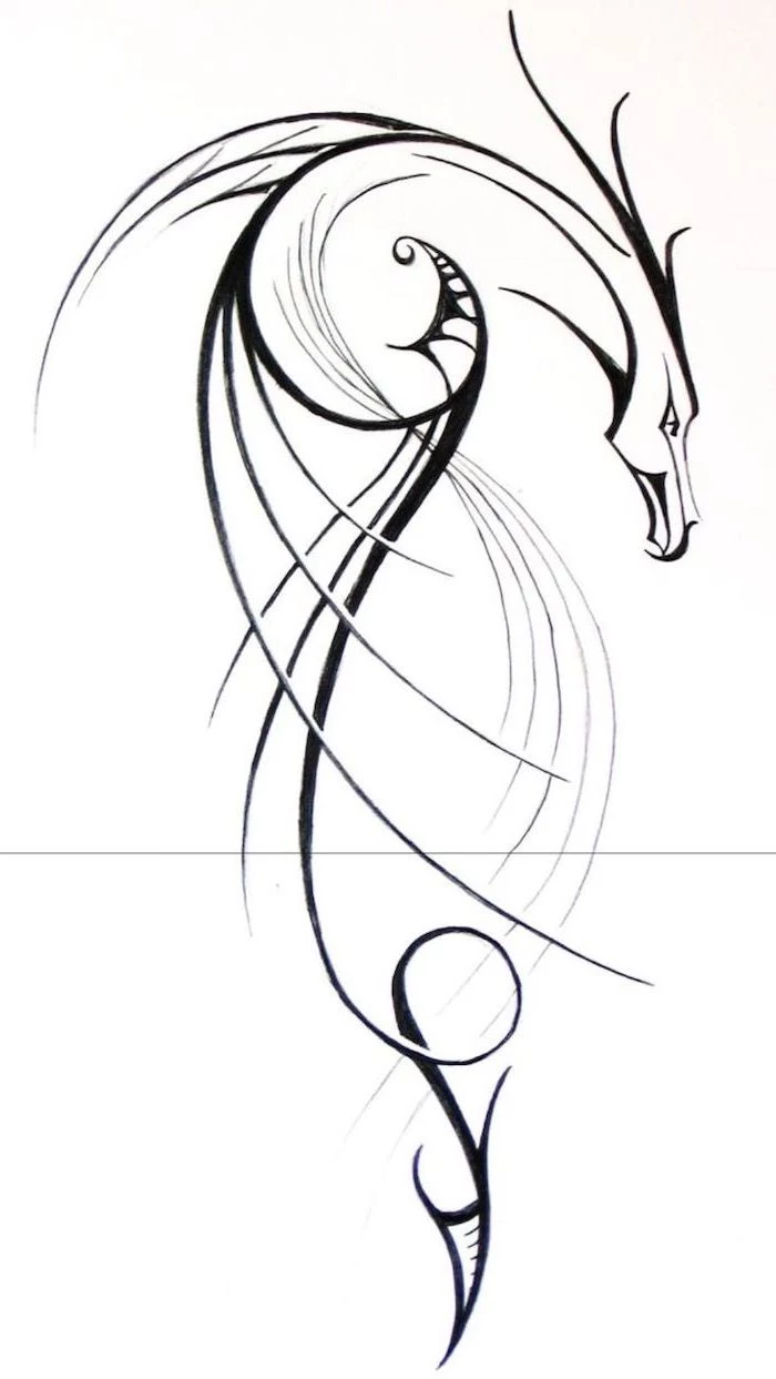 minimalist dragon tattoo design, black and white pencil sketch, what does a dragon symbolize, white background