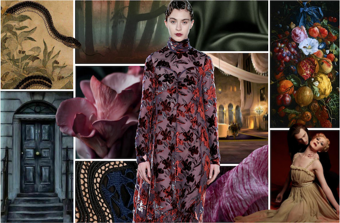 model with black hair, wearing burgundy floral dress, winter fashion for women, art photo collage for background