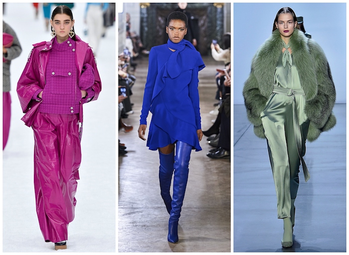 side by side photos of three different outfits, fall winter 2019 2020 trends, pink blue and green outfits, worn by models on the runway