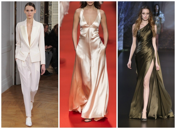 two long silk dresses and white suit, worn by models on the runway, fall winter 2019 2020 trends, side by side photos of different outfits