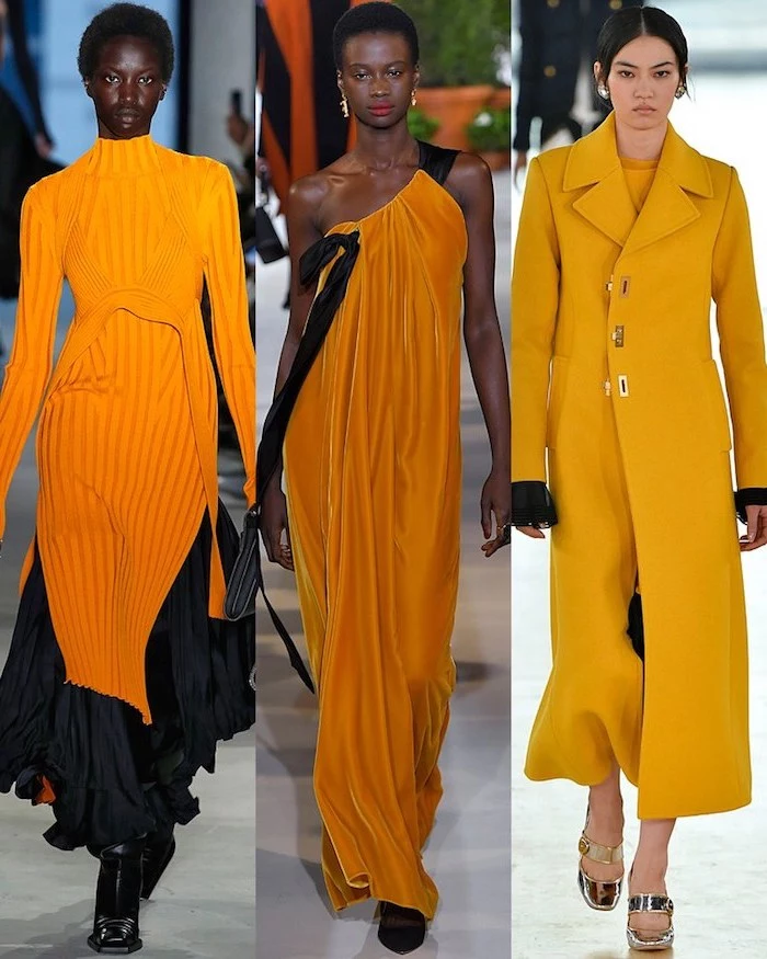 side by side photos of three different outfits, winter fashion for women, women wearing long yellow and orange dresses