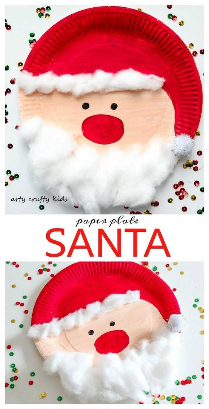 paper plate santa, step by step diy tutorial, diy christmas crafts, painted in red with cotton balls for beard