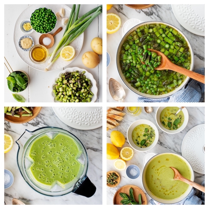 peas and leeks soup, cream of chicken soup recipe, photo collage, step by step diy tutorial, marble countertop