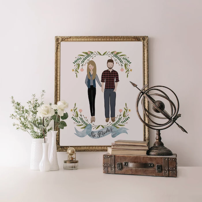 personalised portrait of couple, inside a golden frame, good gifts for boyfriend, mounted on white wall