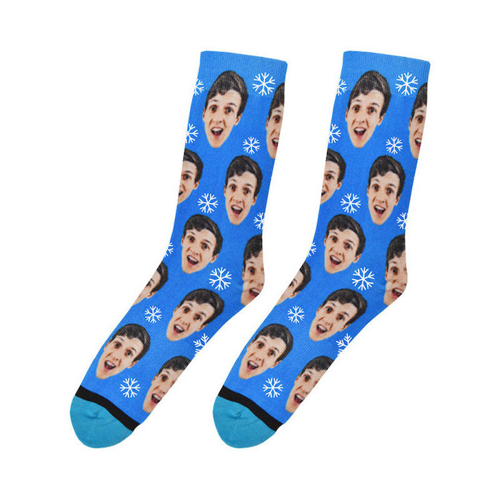 personalised socks with a man's face, good gifts for boyfriend, blue socks with snowflakes, white background