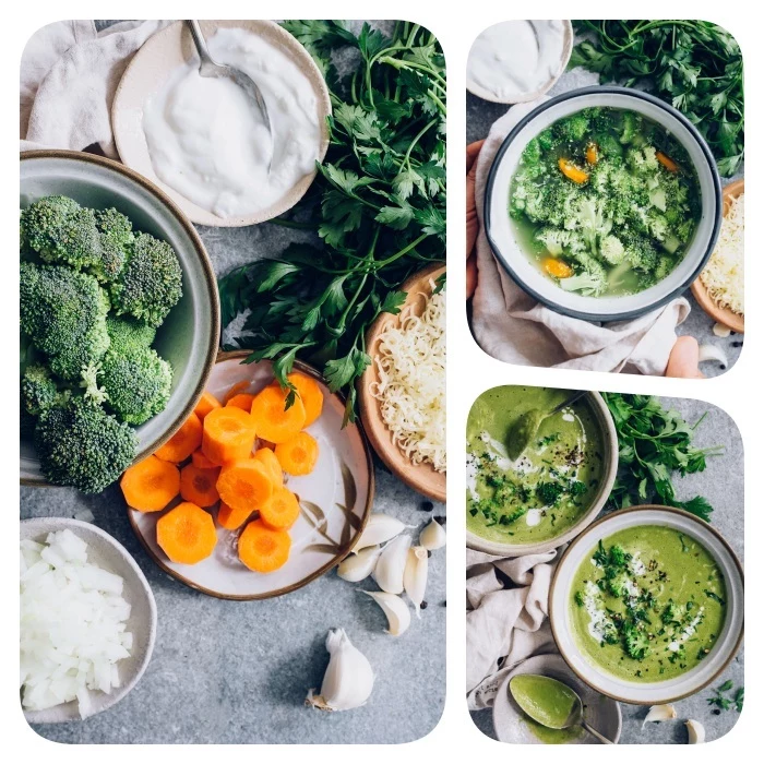photo collage, broccoli soup, cream of mushroom soup recipe, bowls full of carrots and broccoli, yoghurt and onion