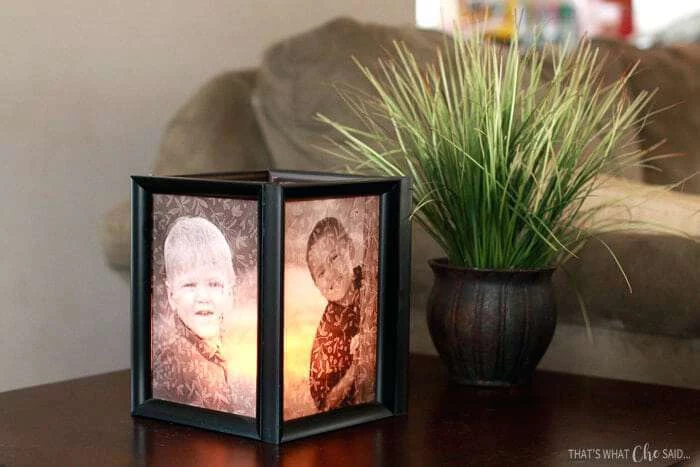 step by step diy tutorial, picture frame luminaries, with children's photos, placed on wooden table, gifts for mom from daughter