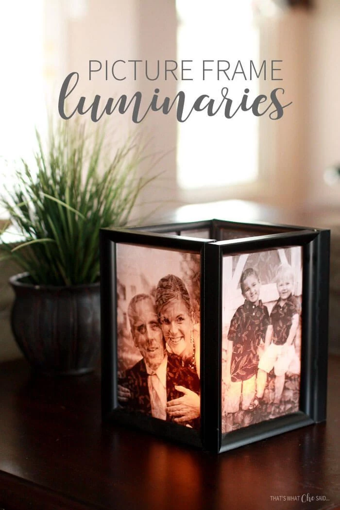 picture frame luminaries, step by step diy tutorial, gifts for mom from daughter, placed on a wooden side table