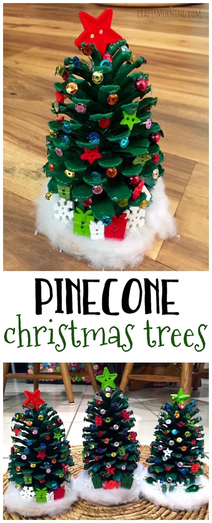 pinecone christmas trees, diy christmas ornaments for kids, pinecone painted green, beads glued to it