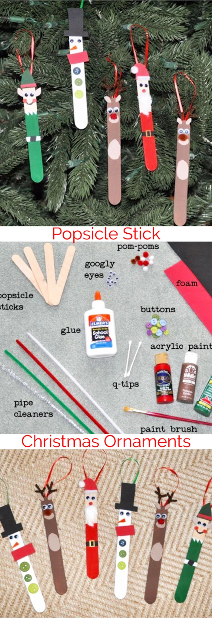 photo collage of step by step diy tutorial, diy christmas ornaments for kids, popsicle stick christmas ornaments
