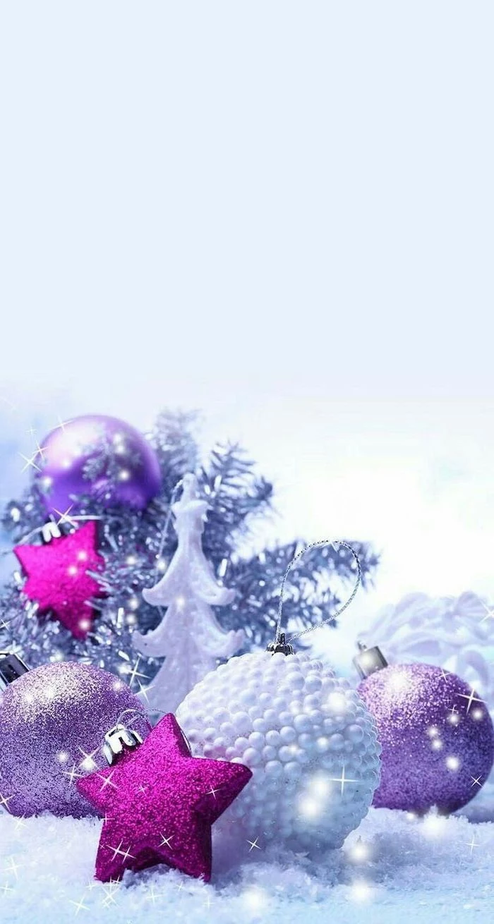 purple and pink baubles, arranged in snow, free desktop backgrounds, white background