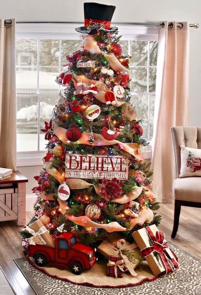 How To Decorate A Christmas Tree 70 Ideas For Gorgeous Festive Decor   Rose Gold Christmas Tree Green Tree With Red White Ornaments Gold Ribbon Presents Underneath Believe In The Magic Of Christmas Sign 