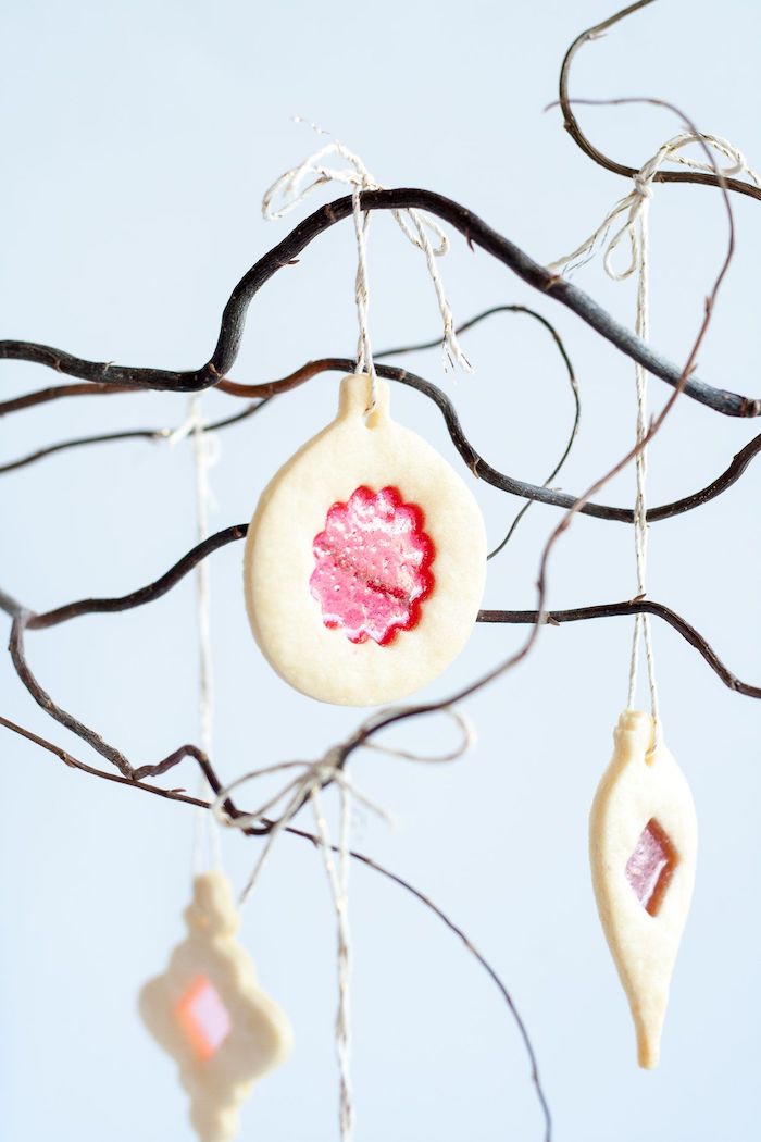 stained glass cookies, hanging on tree branches, sugar cookie icing recipe, white background