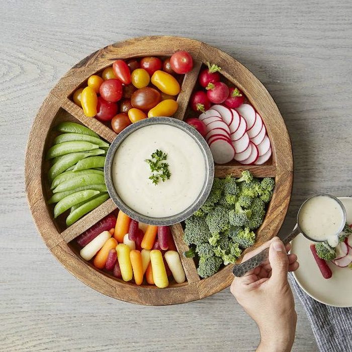 wooden salad bowl with separators for each ingredient, salad dressing in the middle, diy gifts for mom