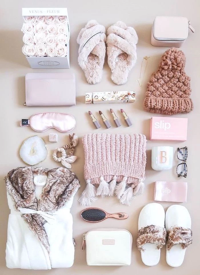 set of winter necessities, gifts for mom from son, everything in pink, cozy slippers robe scarf and beanie