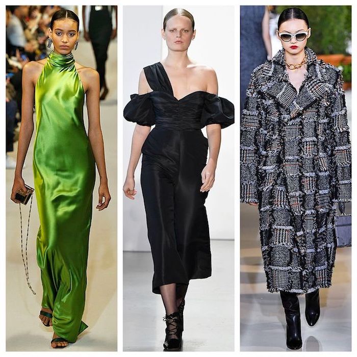 side by side photos of three different outfits, 2019 clothing trends, long silk green dress, black dress and long coat