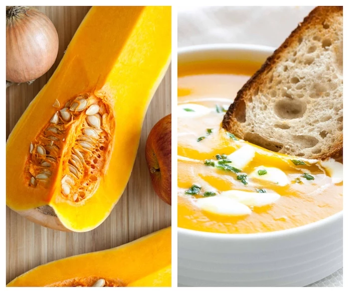 easy soup recipes, side by side photos, piece of butternut squash, cream soup with bread dipped in it