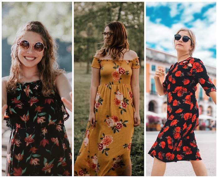 fashion trends, side by side photos of three women, all wearing dresses with floral motifs, wearing sunglasses