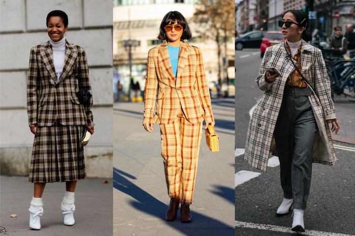 side by side photos of three different outfits, 2019 fashion trends, three women wearing all plaid suits, walking down the street