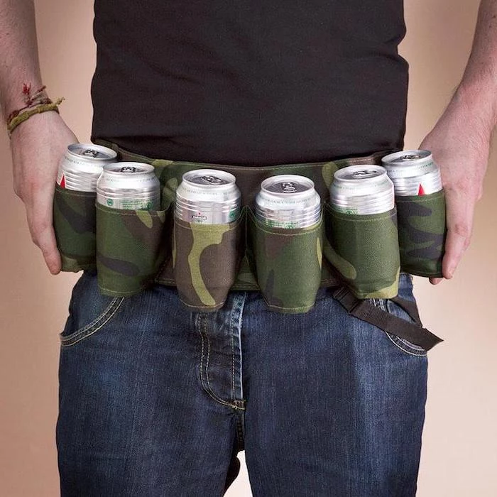 six pack camouflage beer belt, creative gifts for boyfriend, man wearing jeans and black t shirt