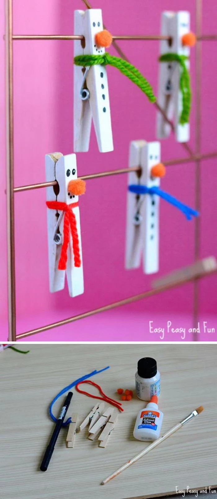 diy ornaments for kids, clothespins turned into snowmen, painted in white, yarn used for scarfs, hanging on metal rail