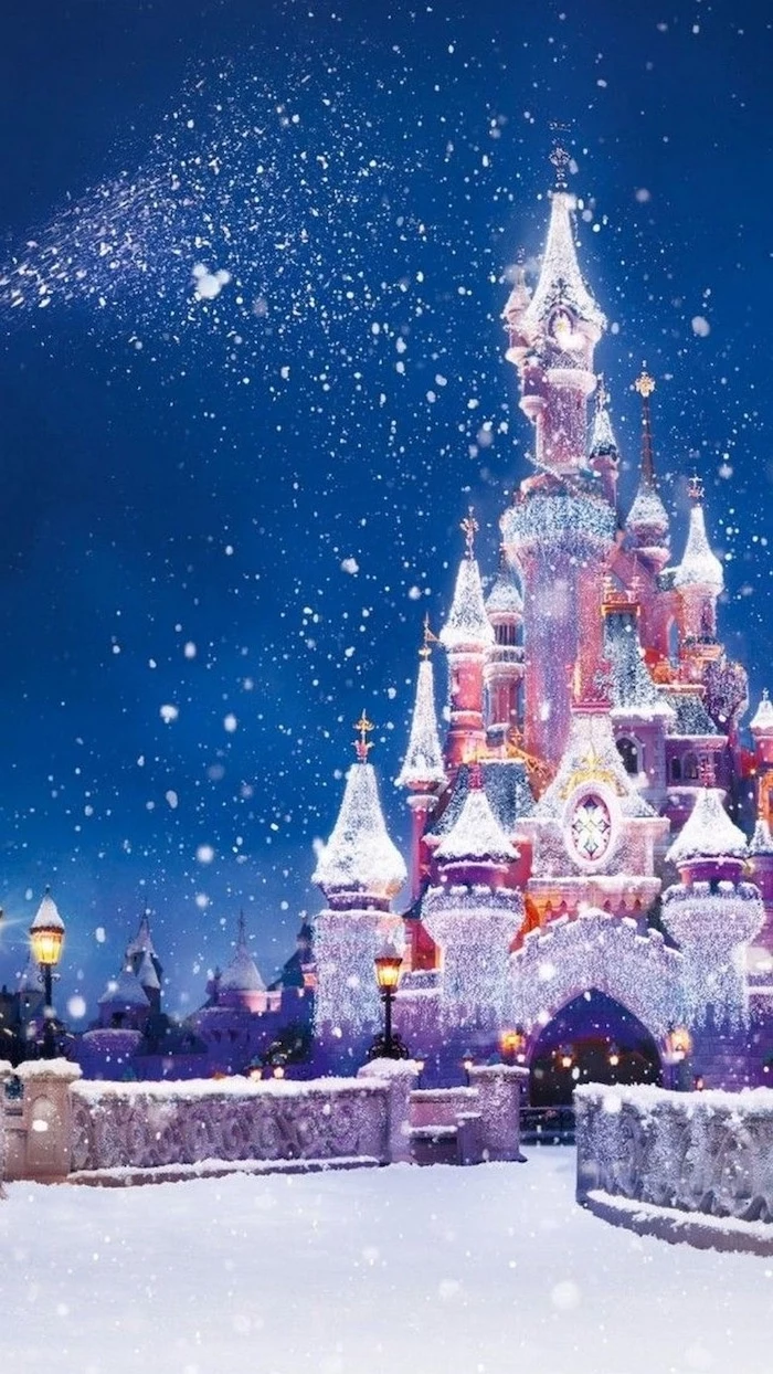 dinsey castle covered with lights, snow fallinf over it, winter wallpaper iphone, disney painting