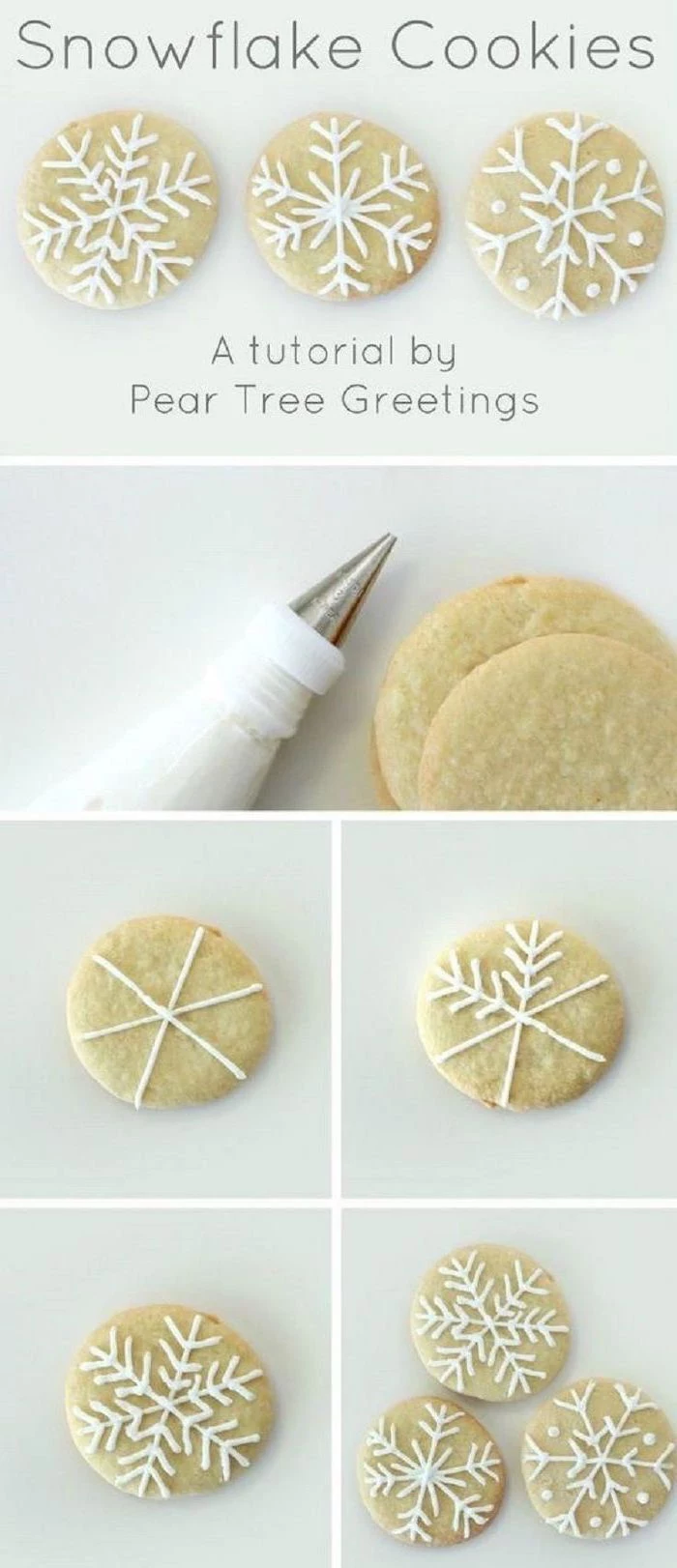 how to decorate snowflake cookies, step by step diy tutorial, royal icing christmas cookies, photo collage