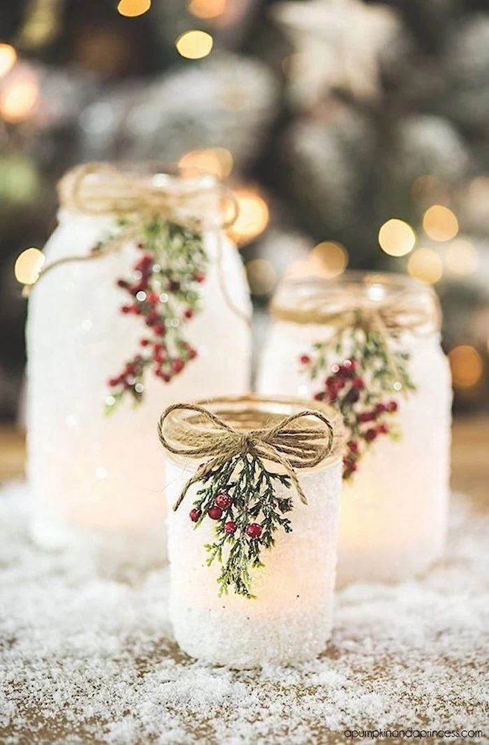 snowy candle mason jars, gifts for mom from daughter, decorated with berries and twig rope, step by step diy tutorial