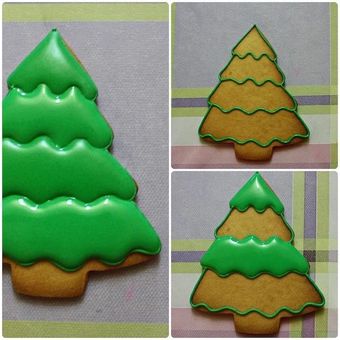 christmas tree shaped cookie, step by step diy tutorial, royal icing christmas cookies, decorated with green icing
