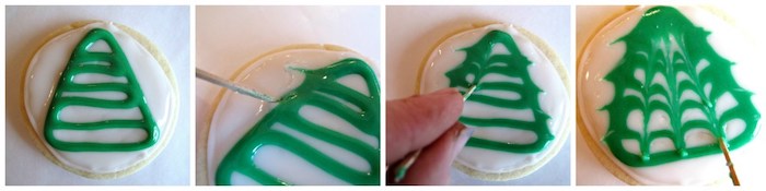 christmas cookie icing, step by step diy tutorial, how to draw a christmas tree with icing, placed on white surface