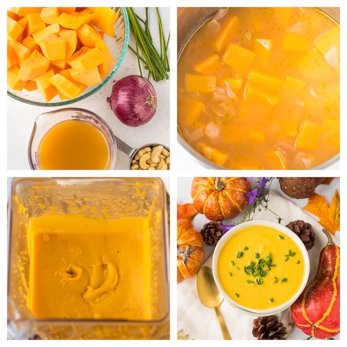 how to make pumpkin soup, photo collage, step by step diy tutorial, cream of chicken soup recipe